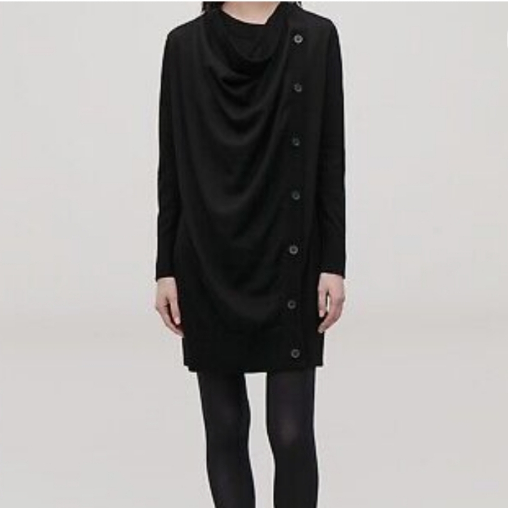 Cos Black Merino Wool Draped Button Long Sleeve D… - image 2